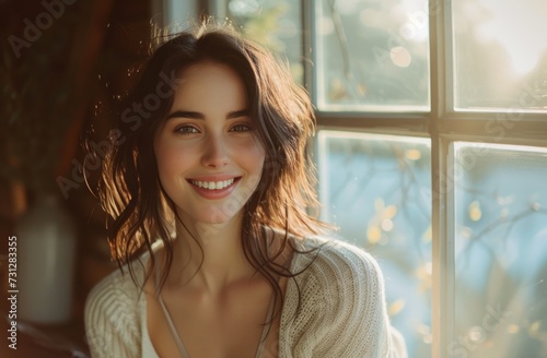 beautiful smiling young woman in front of window