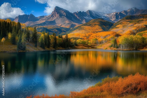 A serene and vibrant autumn landscape, with majestic mountains reflecting on the tranquil waters of a lake nestled in the heart of the wilderness