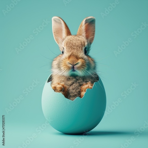 A cute Easter bunny hatching from a turquoise Easter egg isolated on a turquoise background with a copy space, a happy Easter banner with an adorable rabbit.