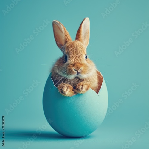 A cute Easter bunny hatching from a turquoise Easter egg isolated on a turquoise background with a copy space, a happy Easter banner with an adorable rabbit.