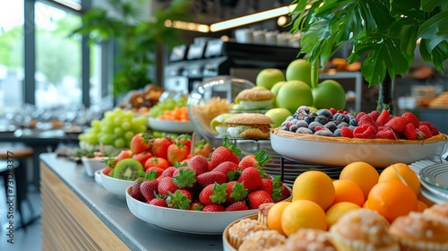 Modern restaurant tables showcase colorful fruit platters and artisanal pastries for a delightful morning spread