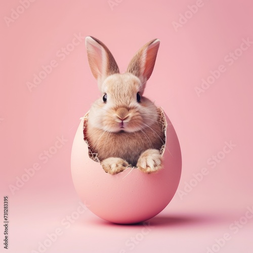 Cute Easter bunny hatching from pink Easter egg isolated on pastel pink background with copy space, Happy Easter banner with adorable rabbit.