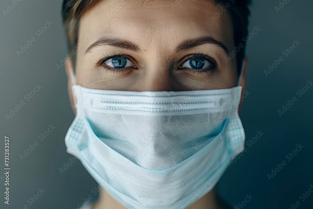 A woman wearing a face mask stands close to a wall, her skin and eyelashes visible through the fabric as she gazes intensely at the camera, capturing the human face in a powerful portrait A woman wearing a face mask stands close to a wall, her skin and eyelashes visible through the fabric as she gazes intensely at the camera, capturing the human face in a powerful portrait