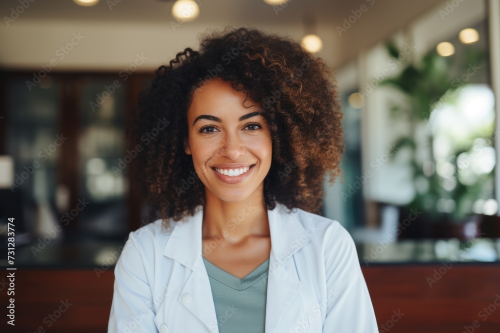 Portrait of a young African American female doctor smiling Portrait of a young African American female doctor smiling