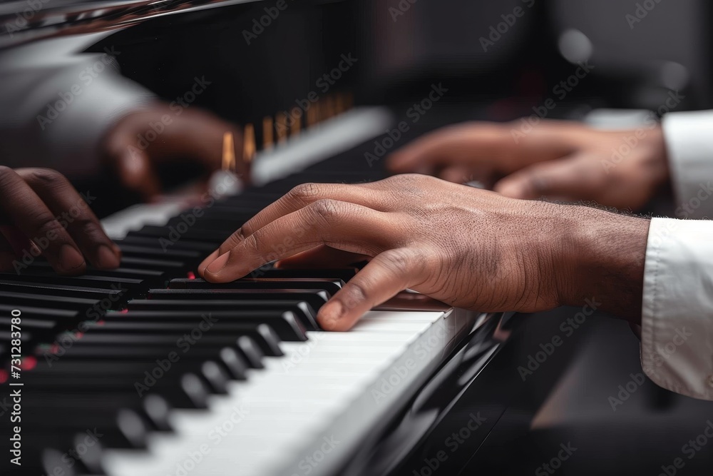 A skilled pianist's hands gracefully dance across the keyboard, filling the indoor space with a soulful melody of jazz on their digital piano