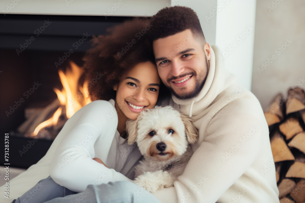 Beautiful Mixed Race couple in white sweaters cuddles with a dog while sitting in front of the fireplace, High key, romantic evening Beautiful Mixed Race couple in white sweaters cuddles with a dog while sitting in front of the fireplace, High key, romantic evening