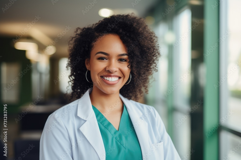 Portrait of a young African American female doctor smiling Portrait of a young African American female doctor smiling