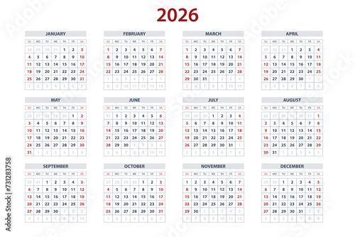Quarter calendar template for 2026 year. Wall calendar grid in a minimalist style. Week Starts on Sunday.