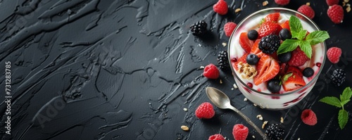Yogurt parfaits with fresh raspberries, blackberries, strawberries, and crunchy granola, garnished with mint leaves.