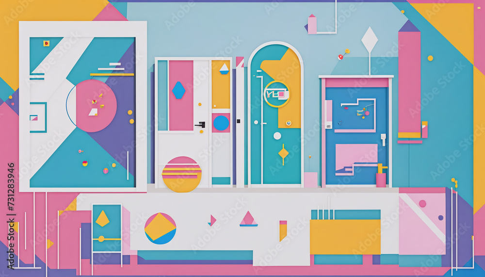 Different colorful and artistically with shapes and colors designed doors in a graphically designed illustration