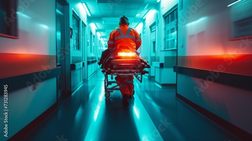 A paramedic in high-visibility clothing urgently pushes a patient on a stretcher through the brightly lit corridors of a medical facility. photo