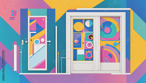 Different colorful and artistically with shapes and colors designed doors in a graphically designed illustration © Christoph Burgstedt