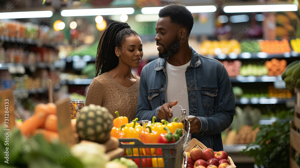 A happy couple immersed in the vibrant atmosphere of a local market, browsing through colorful and fresh produce. They carefully select nutritious fruits and vegetables, reflecting their com