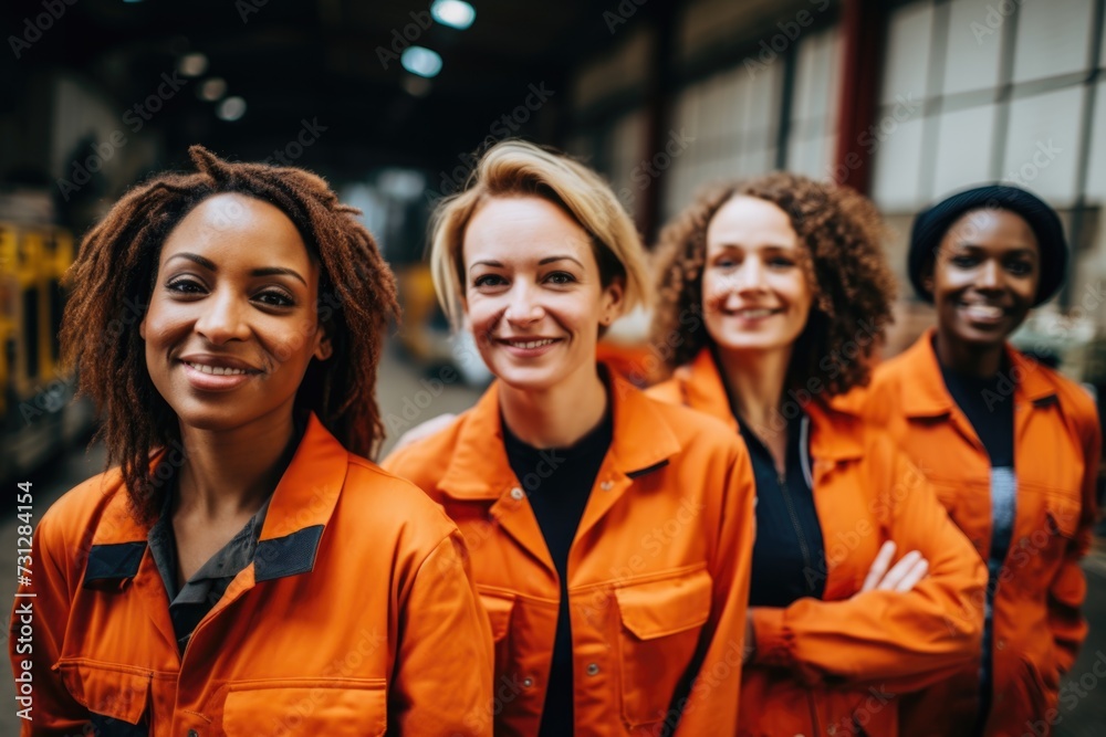 Portrait of a smiling group of diverse female workers in factory