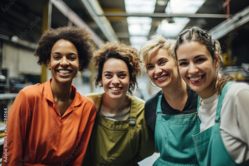 Portrait of a smiling group of diverse female workers in factory