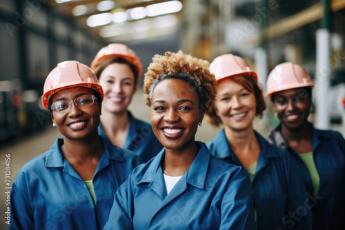 Portrait of a smiling group of diverse female workers in factory photo