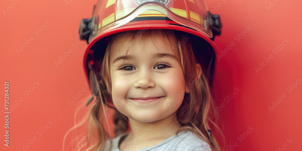 Child girl in Firefighter Helmet. Portrait of a smiling young girl with a firefighter helmet, symbolizing dreams and aspirations, future job. Child girl in Firefighter Helmet. Portrait of a smiling young girl with a firefighter helmet, symbolizing dreams and aspirations, future job.