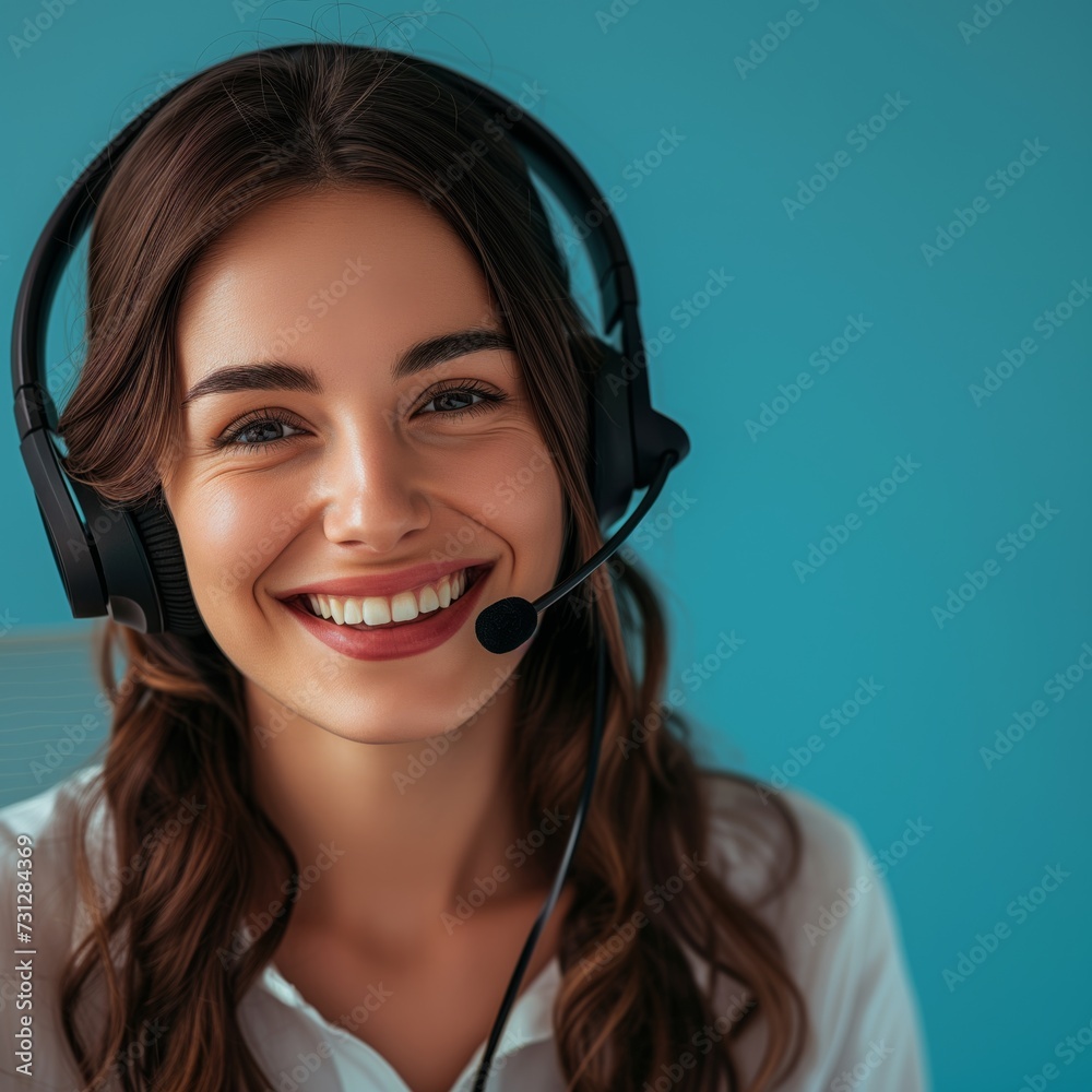 Call center, young woman and smile in contact us with CRM, headset with mic and mockup space. Customer service consultant, happy female and telemarketing with sales and help desk Call center, young woman and smile in contact us with CRM, headset with mic and mockup space. Customer service consultant, happy female and telemarketing with sales and help desk