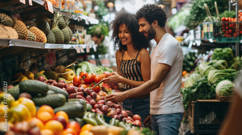 "A young couple navigates a bustling local market, selecting vibrant fruits and fresh vegetables. They make everyday healthy choices, creating a wholesome and balanced lifestyle."