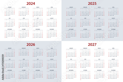 Calendar template for 2024, 2025, 2026, 2027 year. Wall calendar grid in a minimalist style. Week Starts on Sunday.
