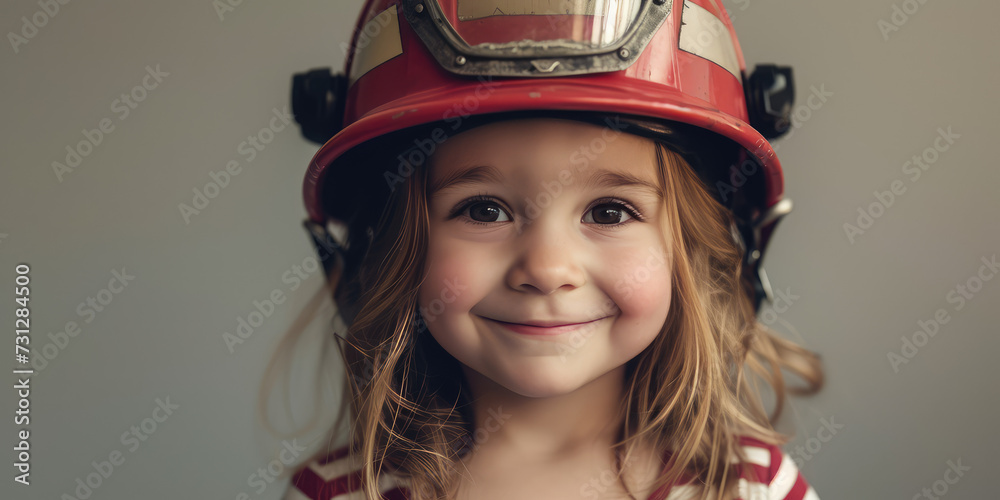Child girl in Firefighter Helmet. Portrait of a smiling young girl with a firefighter helmet, symbolizing dreams and aspirations, future job.