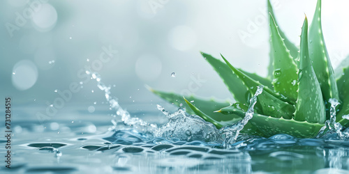 Fresh Aloe Vera and Water Splash. Water splashing on vibrant aloe vera leaves, showcasing freshness and natural skincare concept, copy space.