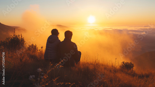 A mesmerizing moment as two lovebirds embrace  gazing at the ethereal sunrise slowly painting the sky with vibrant hues. Their silhouettes against the mountain s silhouette exude romance and