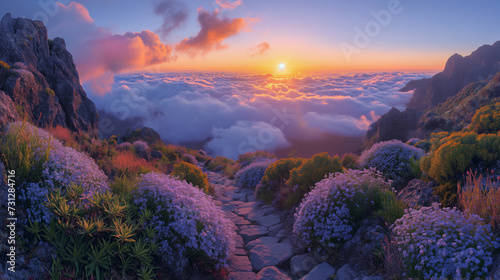 View from Pico do Arieiro to valley full of clouds, sunrise, Madeira photo