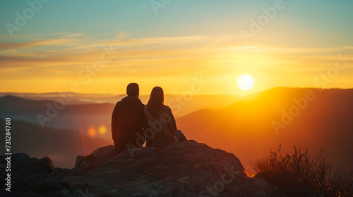 A mesmerizing moment as two lovebirds embrace  gazing at the ethereal sunrise slowly painting the sky with vibrant hues. Their silhouettes against the mountain s silhouette exude romance and