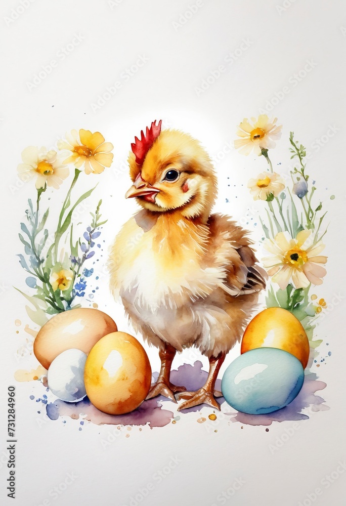 Cute Baby chick with eggs Little chicken with spring flowers Pastel watercolor White background Happy Easter banner Isometric Good for postcards Poster Kid's room Canvas, Generative AI