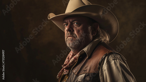 A captivating image of a rugged cowboy in his mid-30s  exuding undeniable charm and charisma. He dons a stylish wide-brimmed hat  a bandana adding a touch of mystery  and a classic leather v