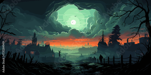 Panorama of the zombie apocalypse on the background of the cemetery. Silhouettes of scary zombies walking through the cemetery. vector