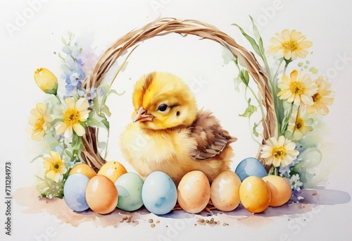 Cute Baby chick with eggs in basket Little chicken with spring flowers Pastel watercolor White background Happy Easter banner Isometric Good for postcards, poster kid's room, canvas, Generative AI