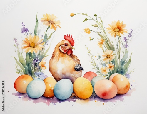 Chick with eggs Chicken with spring flowers Pastel watercolor White background Happy Easter banner Isometric Good for postcards, poster kid's room, canvas, Generative AI