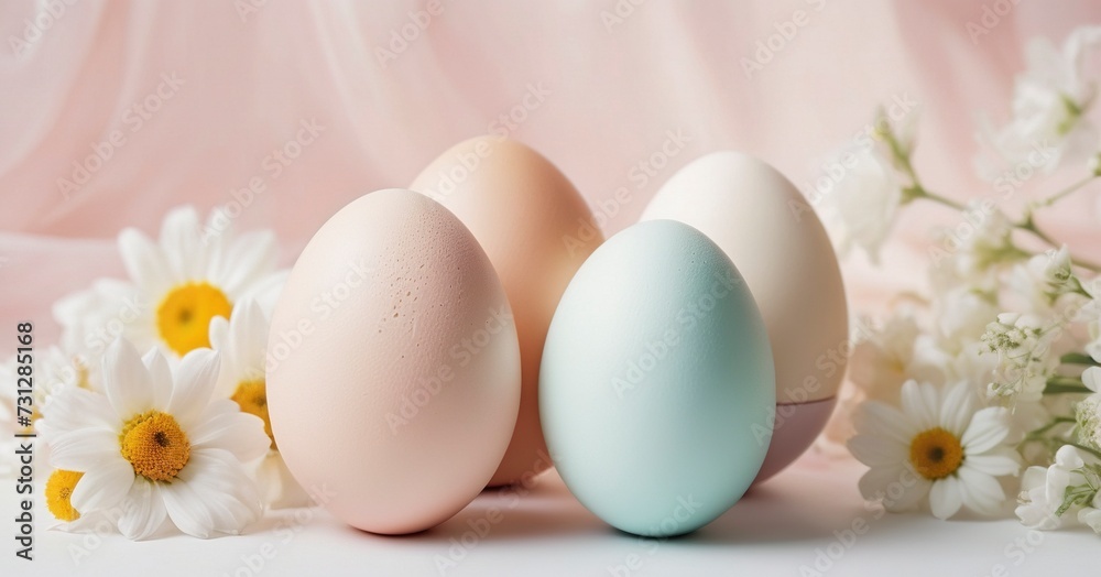 Easter eggs colored in nest and Flowers daisies Elegant Blue and Pink Pastel colors background Good for Happy Easter banner, cookbooks, ingredients, healthy food blog. Generative AI