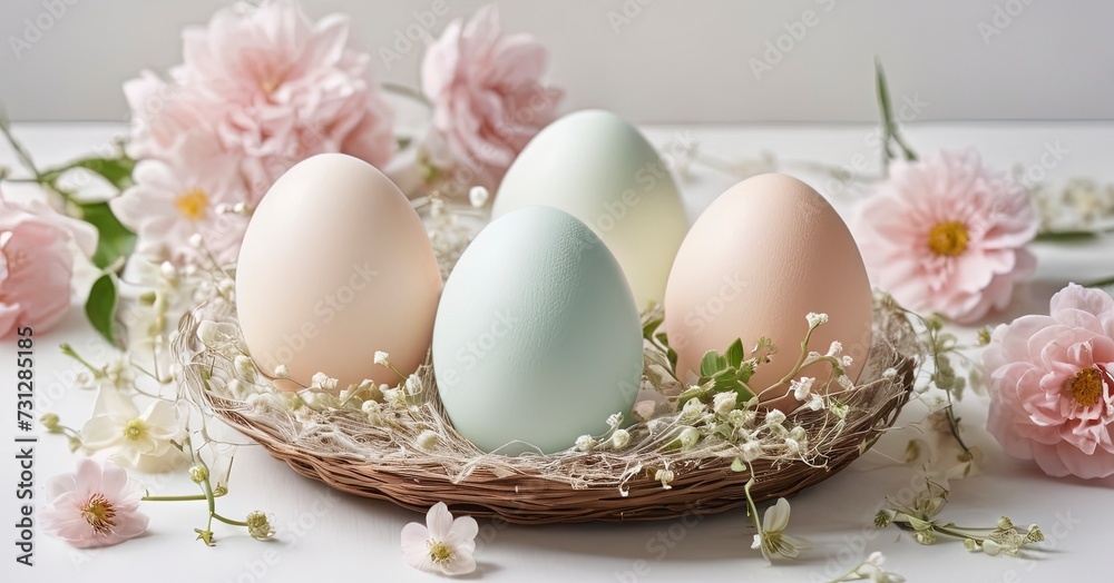 Easter eggs colored in nest and Spring Flowers cherry blossoms Elegant Blue and Pink Pastel White background Good for Happy Easter banner, cookbooks, ingredients, healthy food blog. Generative AI