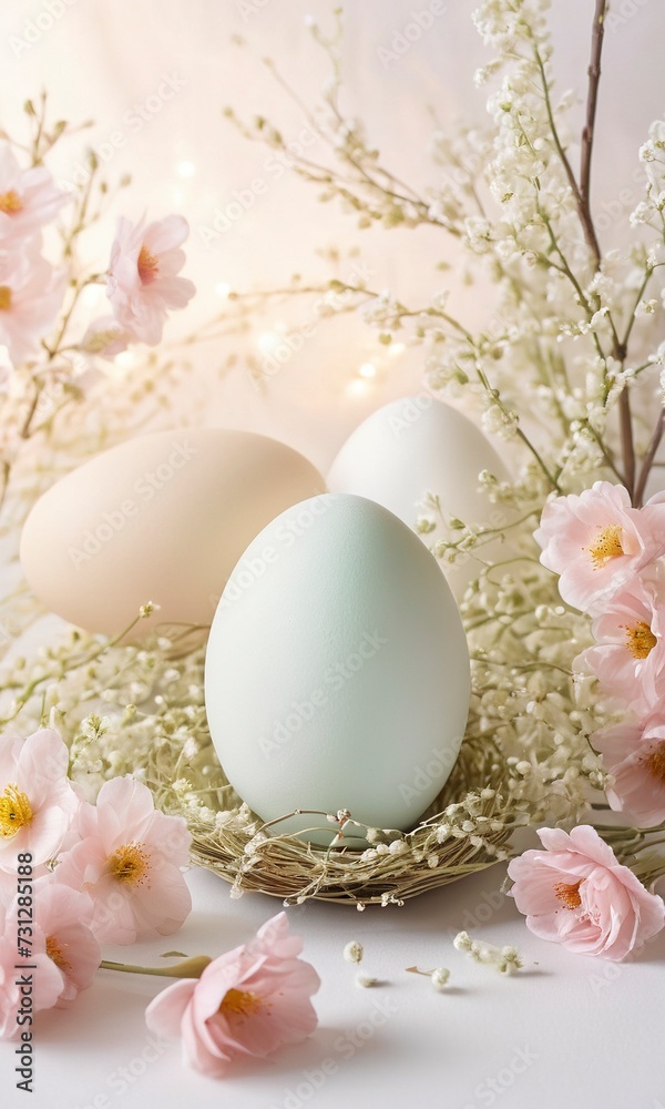Easter eggs colored in nest and Spring Flowers cherry blossoms Elegant Blue and Pink egg Pastel colors background Good for Happy Easter banner, cookbooks, ingredients, healthy food blog. Generative AI