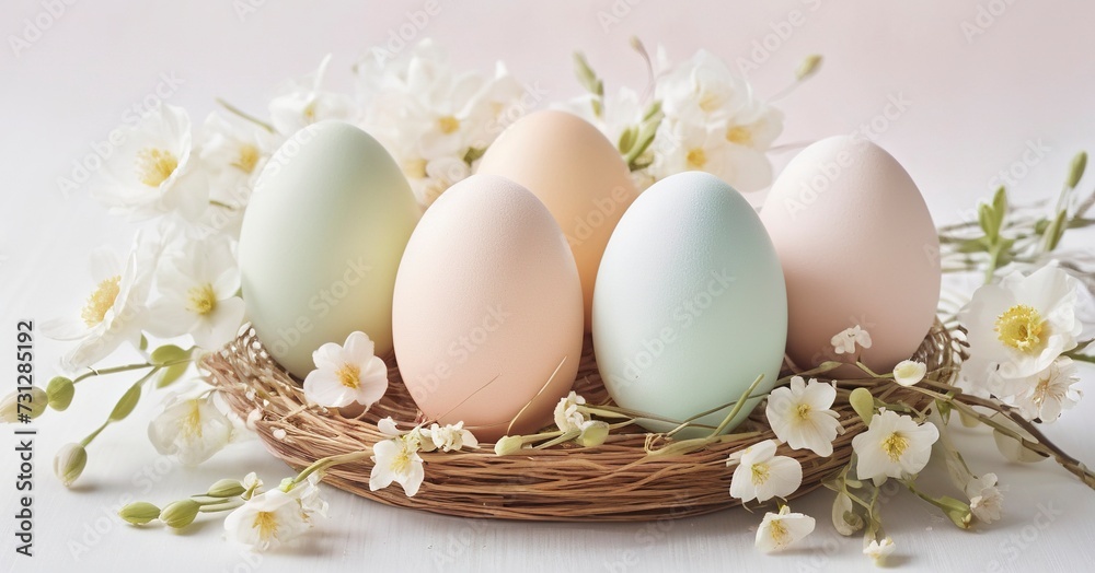 Easter eggs in nest and Spring Flowers Green Blue Pink Pastel colors White background Good for Happy Easter banner, cookbooks, ingredients, healthy food blog. Generative AI