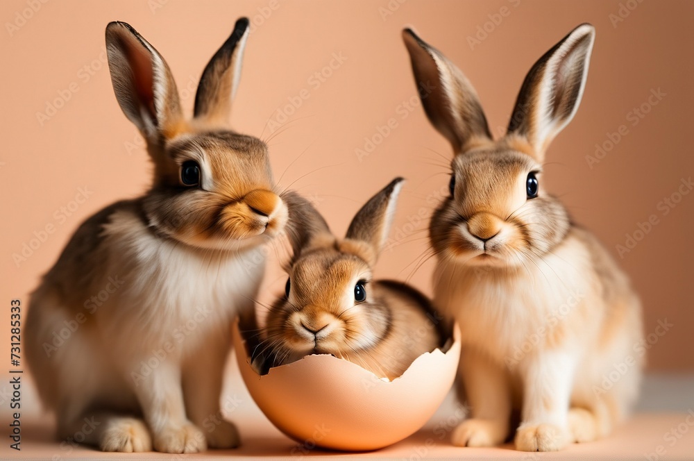 Three bunnies, an Easter bunny family and a cute little bunny hatching out of an Easter egg. Generative AI Three bunnies, an Easter bunny family and a cute little bunny hatching out of an Easter egg. Generative AI