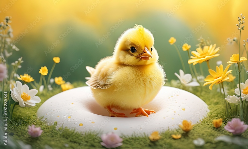 Yellow baby chicken and flowers, Cute little chick on meadow. Generative AI
