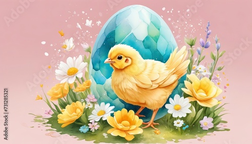 Easter chicken and Easter egg and flowers pink background, Cute little baby chick with Easter egg. Happy Easter banner Illustration Generative AI