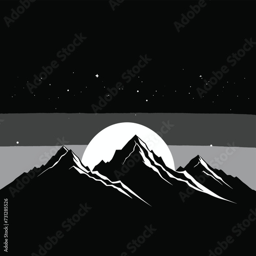 Monochrome illustration of mountains silhouetted against a bright full moon with a starry night sky.