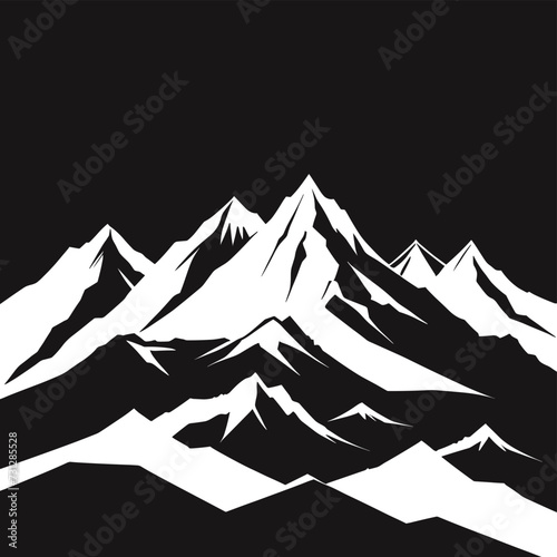 Minimalistic black and white illustration of a mountain range against a stark background, emphasizing sharp peaks and bold contrast.