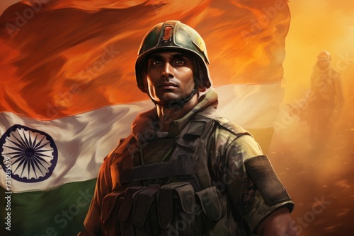 Patriotic illustration of a soldier in uniform before the Indian flag