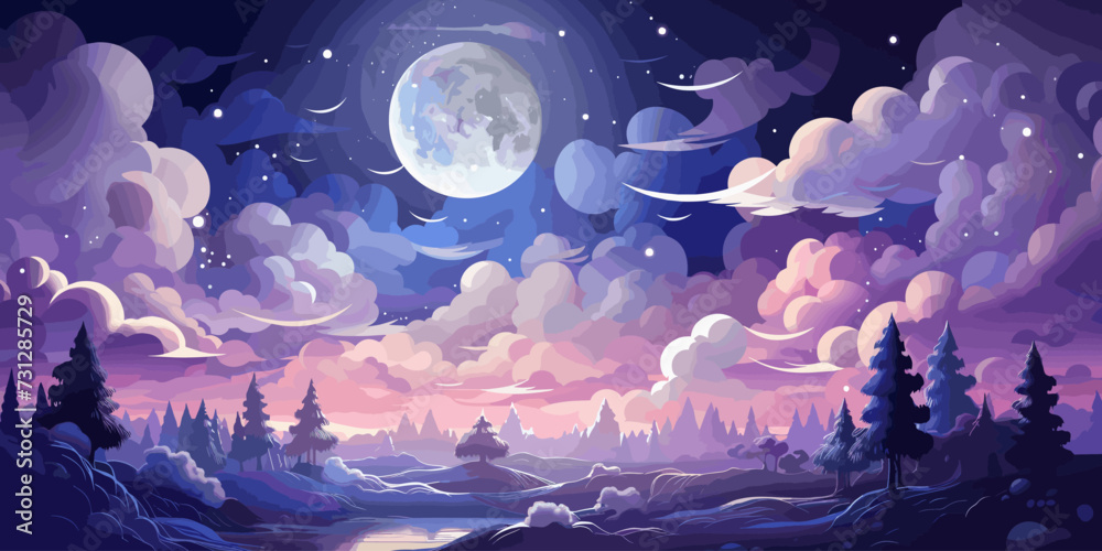 vector illustration of cumulonimbus clouds at night with a background of starry night and a big full moon vector flat bright colors - obrazy, fototapety, plakaty 