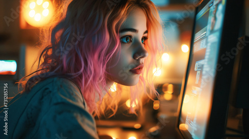 A young and forward-thinking graphic designer, in her mid-20s, captivated by her imaginative designs. Her vibrant, colored hair reflects her creative personality, while her focused expressio
