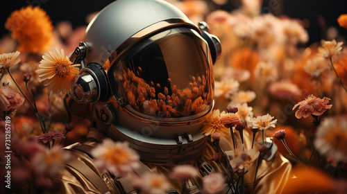 An astronaut helmet merges with the vivid earthiness of a flower garden, crafting a surreal fusion of exploration and nature