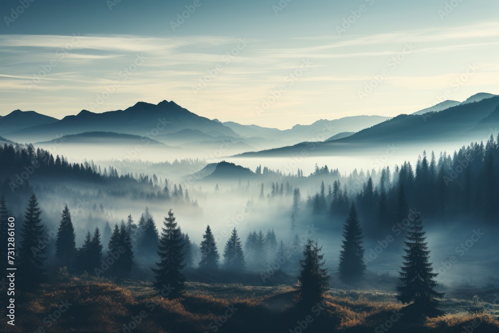 Obraz premium Misty morning in a forest with layered mountains in the background