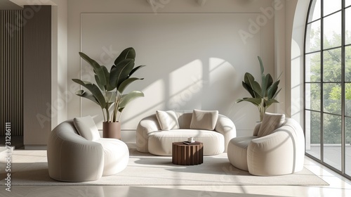 Sleek leather poufs add a contemporary touch to this stylish lounge area
