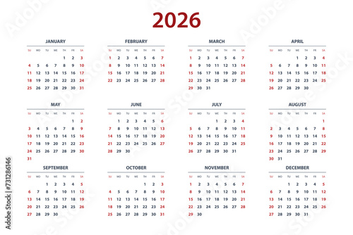 Quarter calendar template for 2026 year. Wall calendar grid in a minimalist style. Week Starts on Sunday.